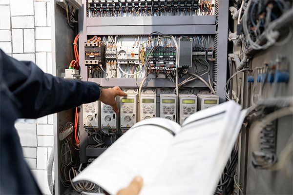 An expert electrician checks the electrical panel