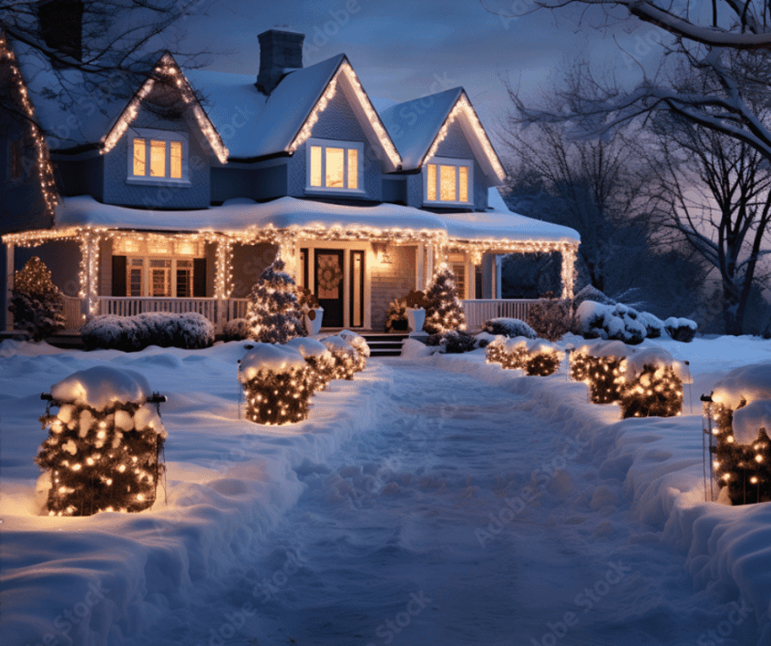 Image of home dressed in Christmas lights.